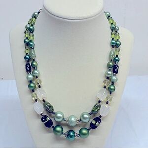 Marked Japan Vintage Double Strand Necklace Green Mixed Media 18” Gorgeous